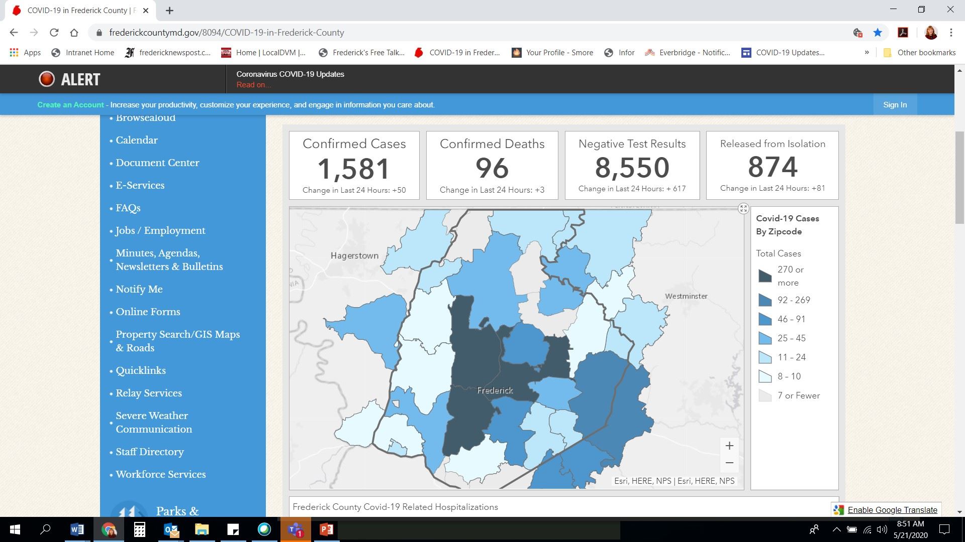 Image of Frederick County dashboard for COVID19 statistics 