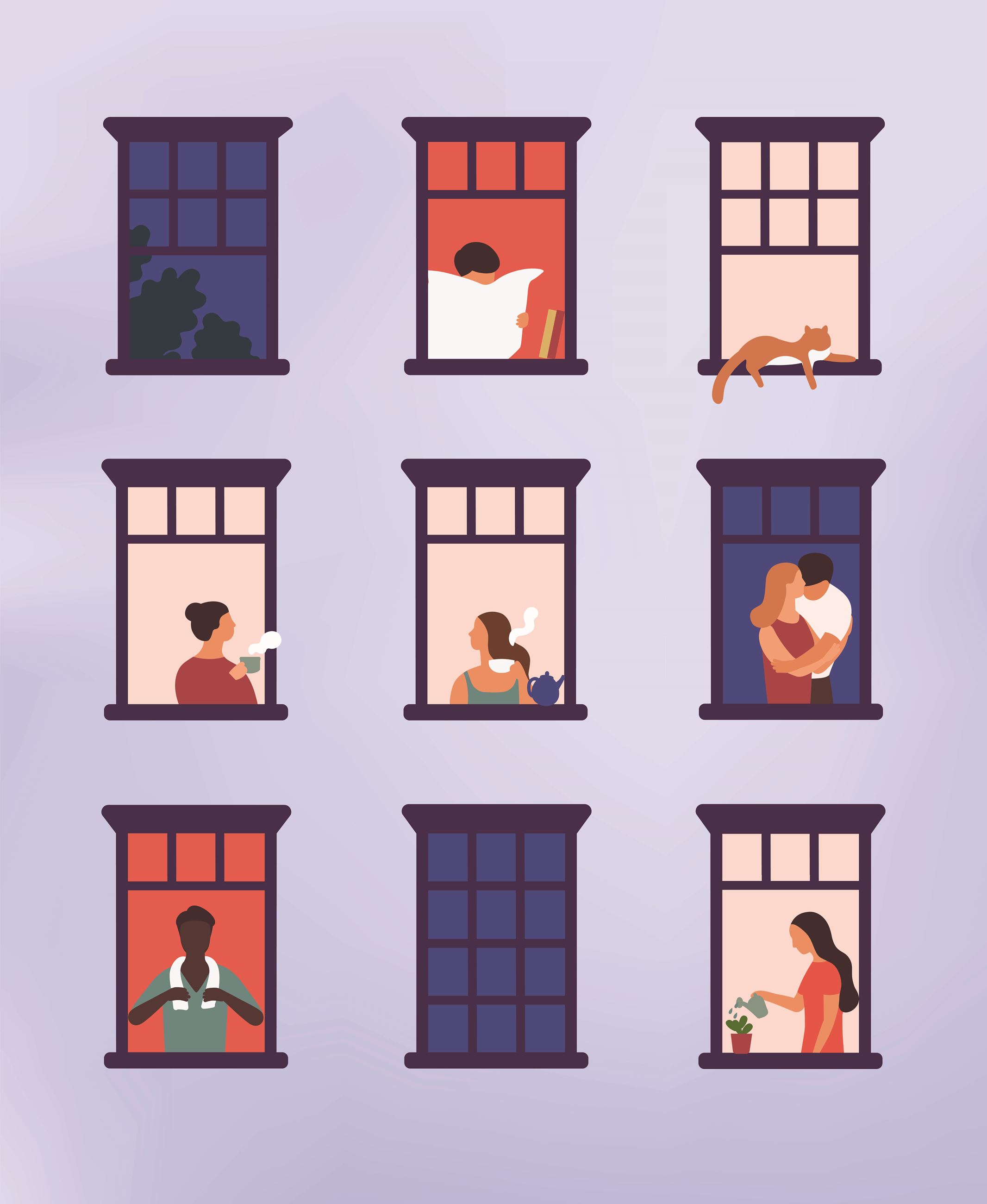 people in windows of an apartment building