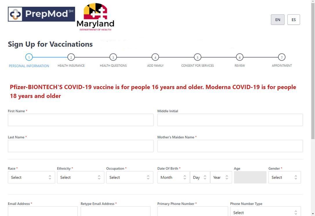 Sample vaccine registration screen