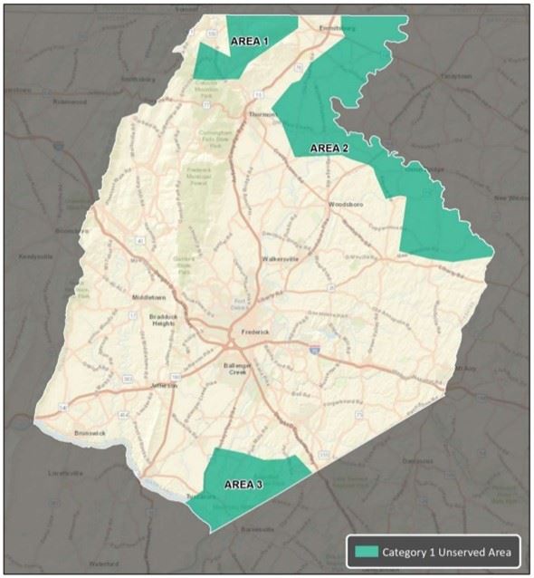 Map of Frederick County. Areas in the north, east and south are shaded in green.