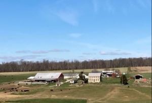 A farmhouse, barn and other buildings on a large swath of land.
