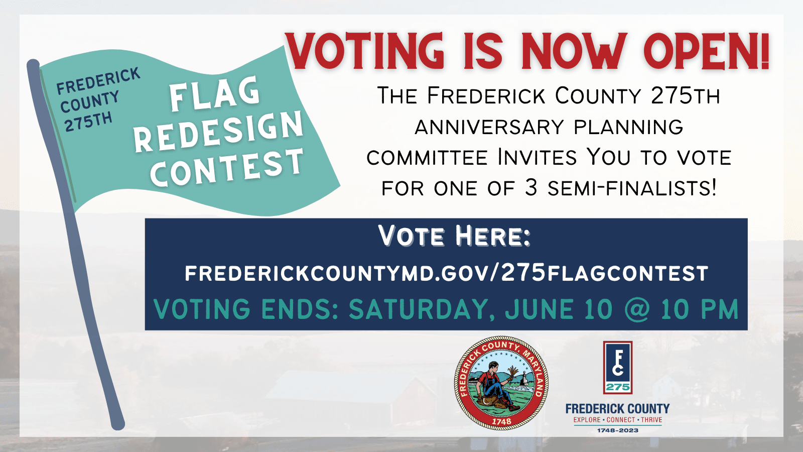 Flag Redesign Contest Voting Is Now Open. Vote at FrederickCountyMD.gov/275FlagContest