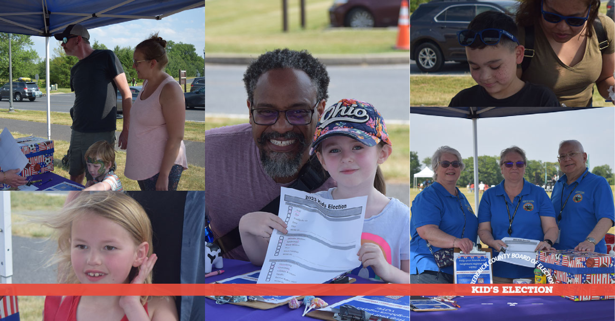 Photo showing adults and children outdoors. One child is holding the 2023 Kids Election ballot.