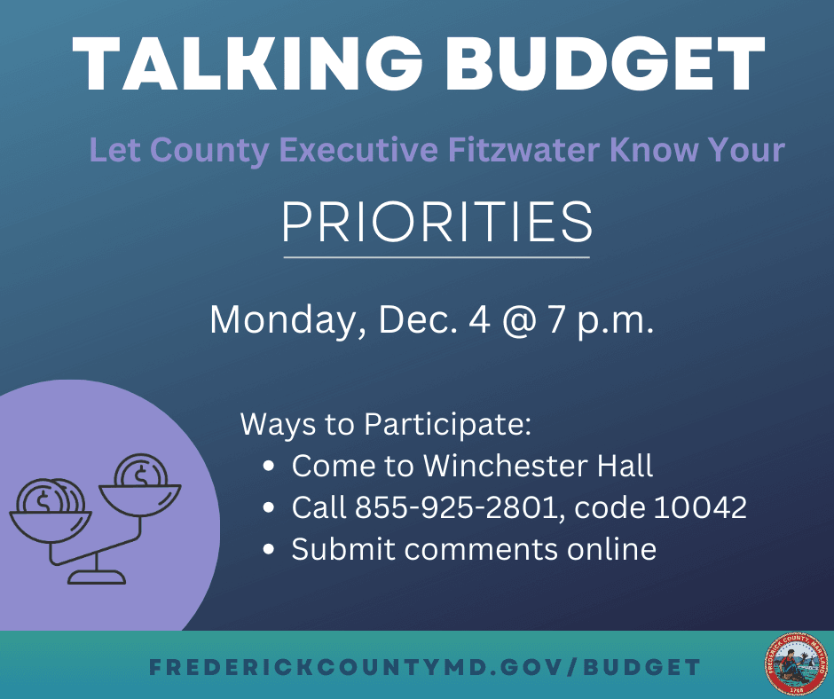 Talking Budget. Let County Executive Fitzwater Know Your Priorities. Monday Dec 4 @7 p.m. 