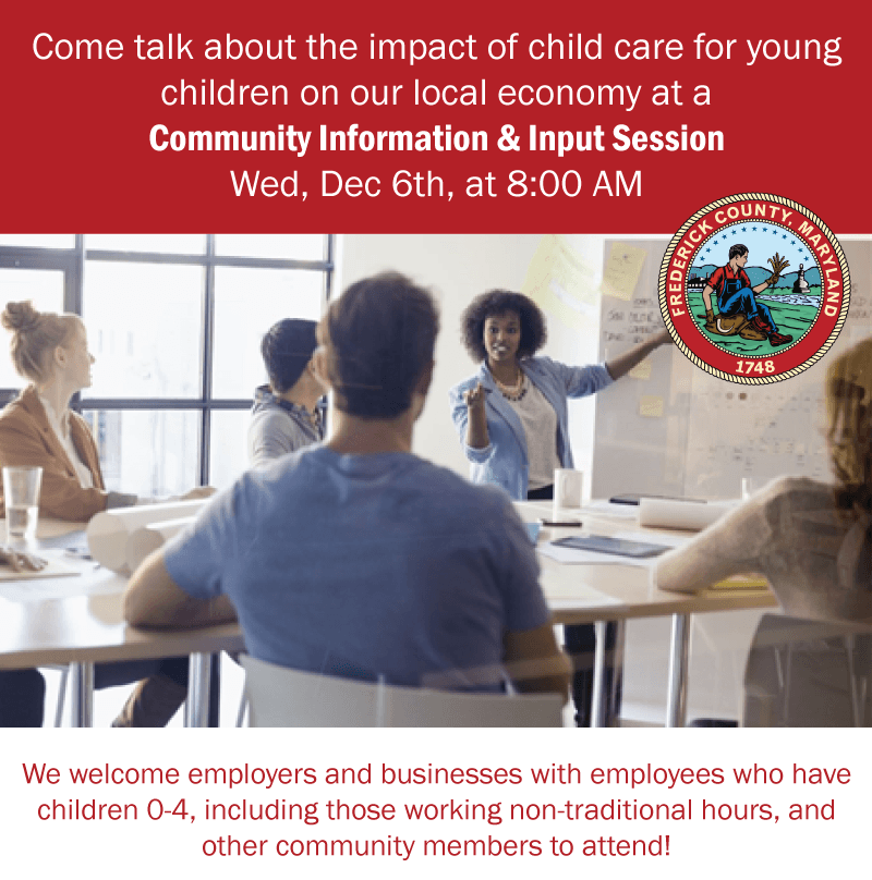 Square graphic with white writing calling for employer input on child care