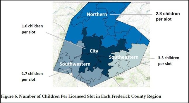 Map showing childcare deserts in Frederick County