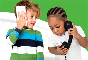 photo of two children holding phones. one phone is a landline phone and one is a cell phone.