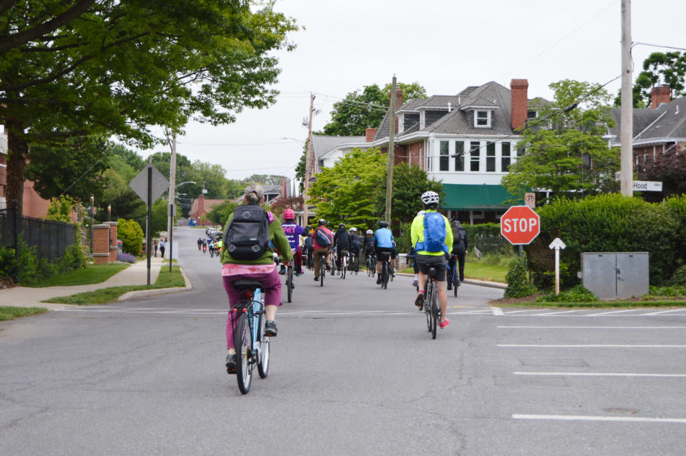 Bicyclists riding down a residential street