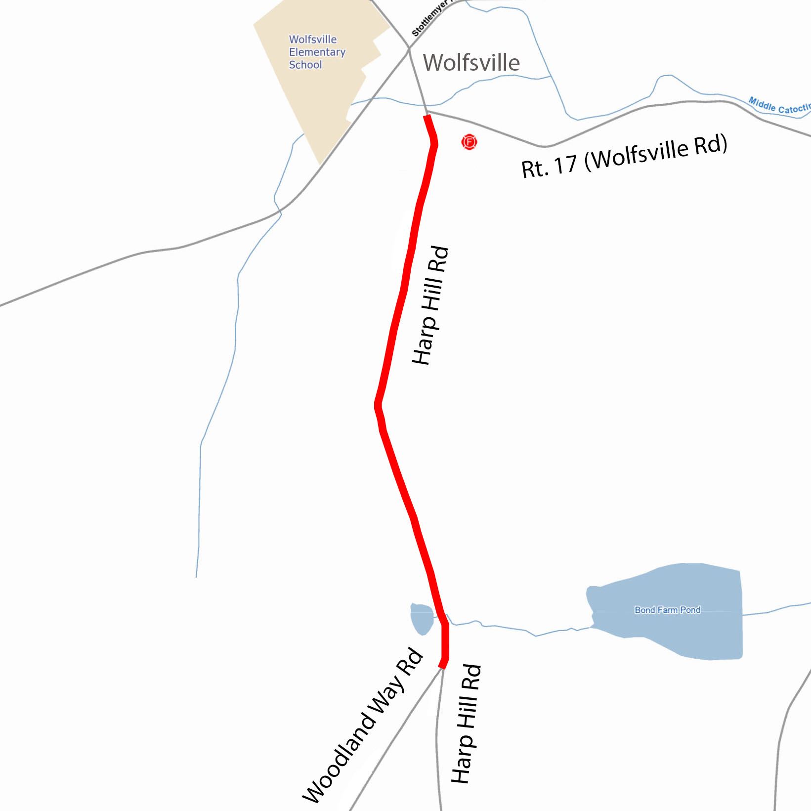 Map of Harp Hill Road closure.