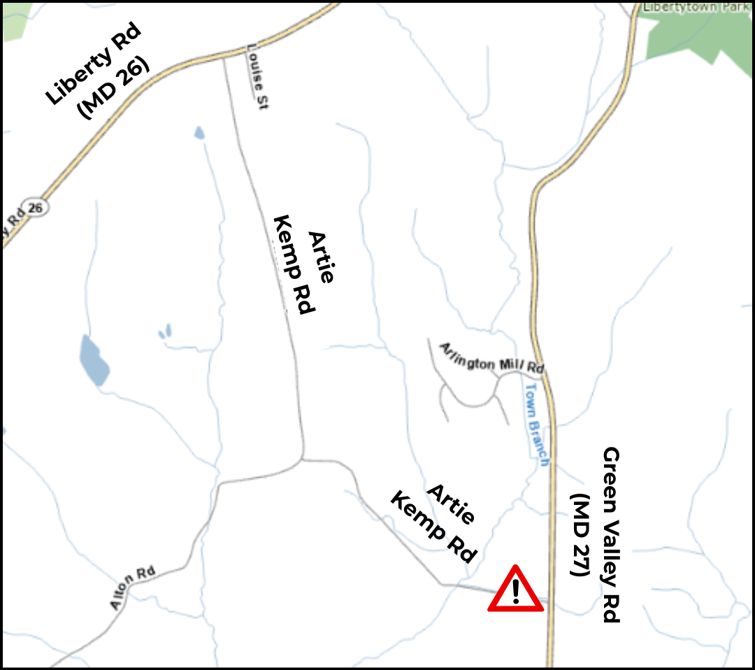 A map of the Artie Kemp Road one lane closure.