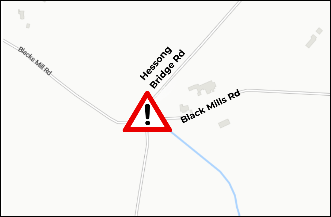 Map of the Hessong Bridge Road and Black Mills Road closure. 